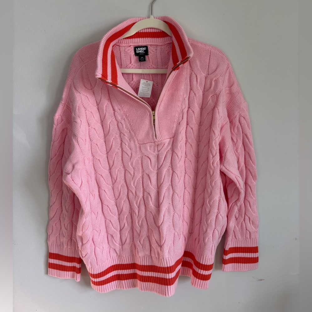 Lands' End Pink and Red Cable Knit Turtleneck Sweater
